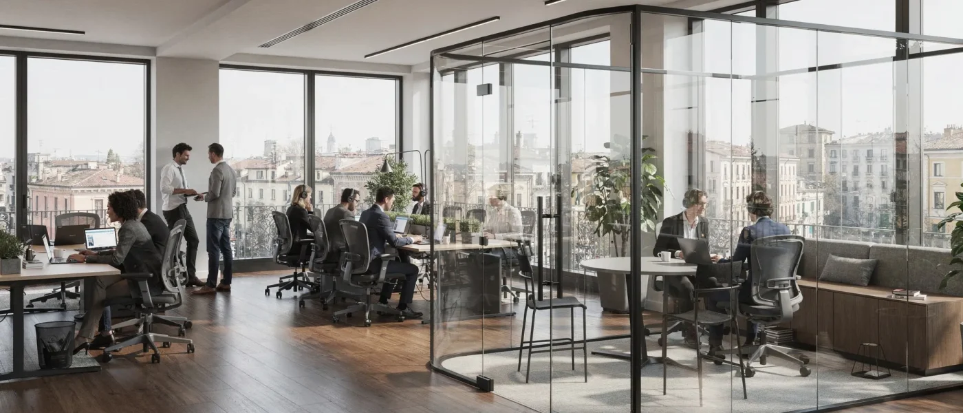 Ufficio ibrido a Milano con pareti mobili vetrate che creano zona focus, area meeting veloce e ufficio direzionale trasparente