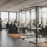 Open space o micro-zone? Cosa cambia davvero con le pareti mobili in ufficio 1 Ufficio ibrido a Milano con pareti mobili vetrate che creano zona focus, area meeting veloce e ufficio direzionale trasparente