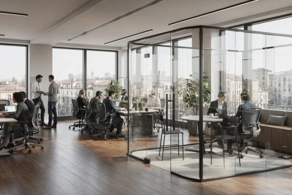 Ufficio ibrido a Milano con pareti mobili vetrate che creano zona focus, area meeting veloce e ufficio direzionale trasparente