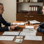 Avvocato e cliente straniero in uno studio legale italiano mentre controllano documenti per il gratuito patrocinio