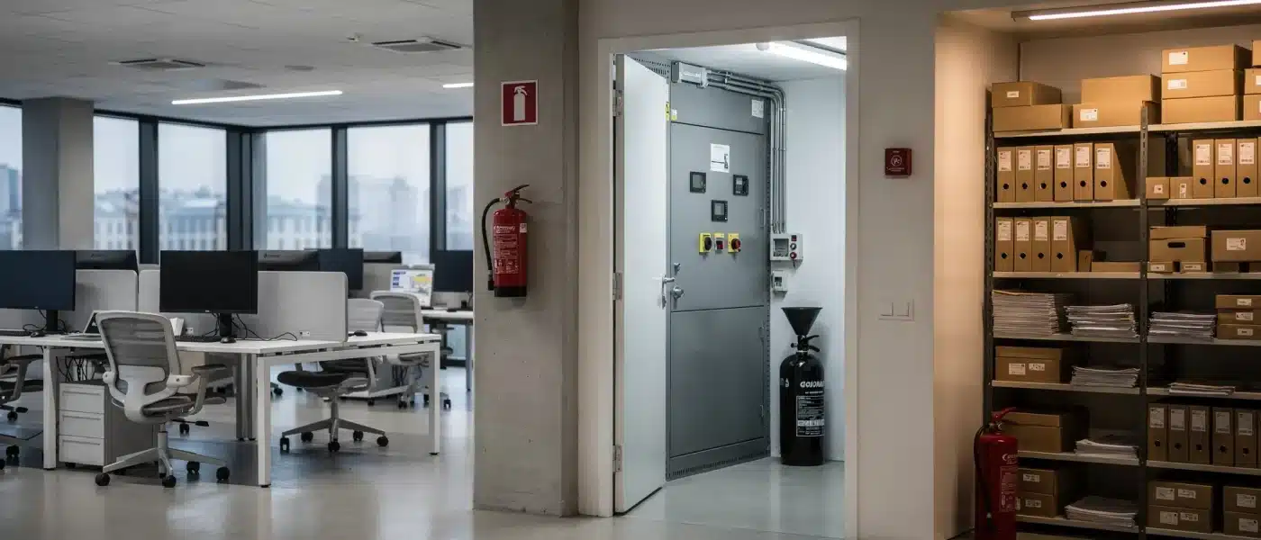 Estintore a CO2 in un ufficio moderno vicino a un quadro elettrico, con open space e archivio sullo sfondo